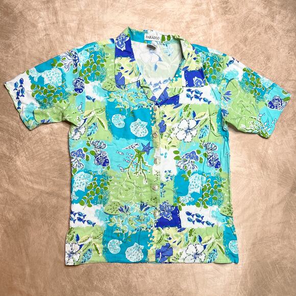 Vintage 90s Paradiso Patchwork Tropical Fish Print Beaded Button Up Shirt Beach - Picture 7 of 7
